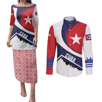 Cuba Flag Couples Matching Puletasi and Long Sleeve Button Shirt Red White and Blue Design with Cuban Star and Havana City Skyline - Wonder Print Shop