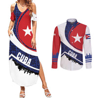 Cuba Flag Couples Matching Summer Maxi Dress and Long Sleeve Button Shirt Red White and Blue Design with Cuban Star and Havana City Skyline - Wonder Print Shop