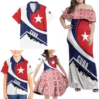 Cuba Flag Family Matching Off Shoulder Maxi Dress and Hawaiian Shirt Red White and Blue Design with Cuban Star and Havana City Skyline - Wonder Print Shop