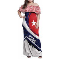 Cuba Flag Family Matching Off Shoulder Maxi Dress and Hawaiian Shirt Red White and Blue Design with Cuban Star and Havana City Skyline - Wonder Print Shop