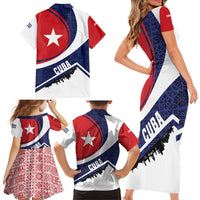 Cuba Flag Family Matching Short Sleeve Bodycon Dress and Hawaiian Shirt Red White and Blue Design with Cuban Star and Havana City Skyline - Wonder Print Shop