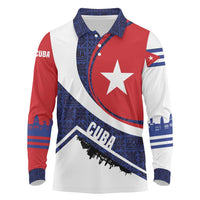Cuba Flag Long Sleeve Polo Shirt Red White and Blue Design with Cuban Star and Havana City Skyline - Wonder Print Shop