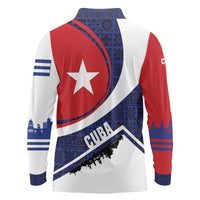 Cuba Flag Long Sleeve Polo Shirt Red White and Blue Design with Cuban Star and Havana City Skyline - Wonder Print Shop