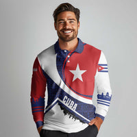 Cuba Flag Long Sleeve Polo Shirt Red White and Blue Design with Cuban Star and Havana City Skyline - Wonder Print Shop