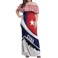 Cuba Flag Off Shoulder Maxi Dress Red White and Blue Design with Cuban Star and Havana City Skyline - Wonder Print Shop