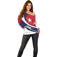 Cuba Flag Off Shoulder Sweater Red White and Blue Design with Cuban Star and Havana City Skyline - Wonder Print Shop
