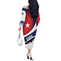 Cuba Flag Off The Shoulder Long Sleeve Dress Red White and Blue Design with Cuban Star and Havana City Skyline - Wonder Print Shop