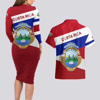Costa Rica Flag Couples Matching Long Sleeve Bodycon Dress and Hawaiian Shirt Red White Blue with National Coat of Arms and Shield Design - Wonder Print Shop