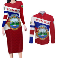 Costa Rica Flag Couples Matching Long Sleeve Bodycon Dress and Long Sleeve Button Shirt Red White Blue with National Coat of Arms and Shield Design - Wonder Print Shop