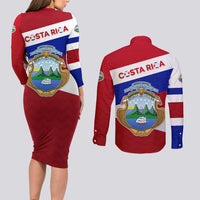 Costa Rica Flag Couples Matching Long Sleeve Bodycon Dress and Long Sleeve Button Shirt Red White Blue with National Coat of Arms and Shield Design - Wonder Print Shop