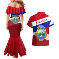 Costa Rica Flag Couples Matching Mermaid Dress and Hawaiian Shirt Red White Blue with National Coat of Arms and Shield Design - Wonder Print Shop