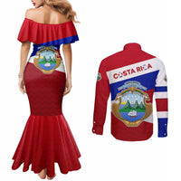 Costa Rica Flag Couples Matching Mermaid Dress and Long Sleeve Button Shirt Red White Blue with National Coat of Arms and Shield Design - Wonder Print Shop