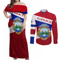 Costa Rica Flag Couples Matching Off Shoulder Maxi Dress and Long Sleeve Button Shirt Red White Blue with National Coat of Arms and Shield Design - Wonder Print Shop