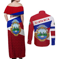 Costa Rica Flag Couples Matching Off Shoulder Maxi Dress and Long Sleeve Button Shirt Red White Blue with National Coat of Arms and Shield Design - Wonder Print Shop