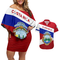 Costa Rica Flag Couples Matching Off Shoulder Short Dress and Hawaiian Shirt Red White Blue with National Coat of Arms and Shield Design - Wonder Print Shop