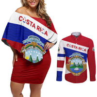 Costa Rica Flag Couples Matching Off Shoulder Short Dress and Long Sleeve Button Shirt Red White Blue with National Coat of Arms and Shield Design - Wonder Print Shop
