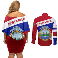 Costa Rica Flag Couples Matching Off Shoulder Short Dress and Long Sleeve Button Shirt Red White Blue with National Coat of Arms and Shield Design - Wonder Print Shop