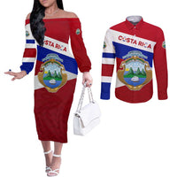 Costa Rica Flag Couples Matching Off The Shoulder Long Sleeve Dress and Long Sleeve Button Shirt Red White Blue with National Coat of Arms and Shield Design - Wonder Print Shop