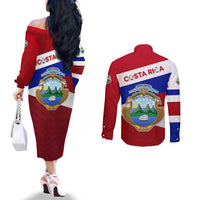 Costa Rica Flag Couples Matching Off The Shoulder Long Sleeve Dress and Long Sleeve Button Shirt Red White Blue with National Coat of Arms and Shield Design - Wonder Print Shop