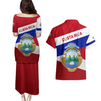 Costa Rica Flag Couples Matching Puletasi and Hawaiian Shirt Red White Blue with National Coat of Arms and Shield Design - Wonder Print Shop