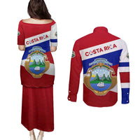 Costa Rica Flag Couples Matching Puletasi and Long Sleeve Button Shirt Red White Blue with National Coat of Arms and Shield Design - Wonder Print Shop