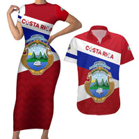 Costa Rica Flag Couples Matching Short Sleeve Bodycon Dress and Hawaiian Shirt Red White Blue with National Coat of Arms and Shield Design - Wonder Print Shop