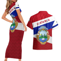 Costa Rica Flag Couples Matching Short Sleeve Bodycon Dress and Hawaiian Shirt Red White Blue with National Coat of Arms and Shield Design - Wonder Print Shop