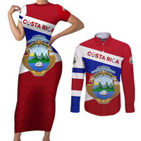 Costa Rica Flag Couples Matching Short Sleeve Bodycon Dress and Long Sleeve Button Shirt Red White Blue with National Coat of Arms and Shield Design - Wonder Print Shop