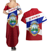 Costa Rica Flag Couples Matching Summer Maxi Dress and Hawaiian Shirt Red White Blue with National Coat of Arms and Shield Design - Wonder Print Shop