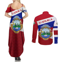 Costa Rica Flag Couples Matching Summer Maxi Dress and Long Sleeve Button Shirt Red White Blue with National Coat of Arms and Shield Design - Wonder Print Shop