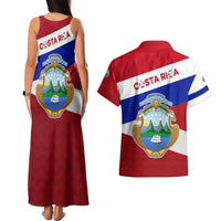 Costa Rica Flag Couples Matching Tank Maxi Dress and Hawaiian Shirt Red White Blue with National Coat of Arms and Shield Design - Wonder Print Shop