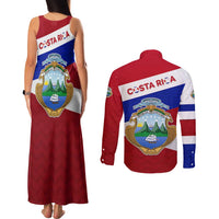 Costa Rica Flag Couples Matching Tank Maxi Dress and Long Sleeve Button Shirt Red White Blue with National Coat of Arms and Shield Design - Wonder Print Shop