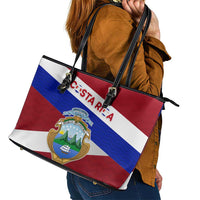 Costa Rica Flag Leather Tote Bag Red White Blue with National Coat of Arms and Shield Design - Wonder Print Shop