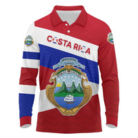 Costa Rica Flag Long Sleeve Polo Shirt Red White Blue with National Coat of Arms and Shield Design - Wonder Print Shop