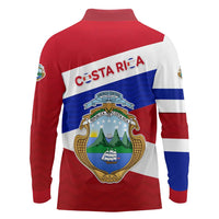 Costa Rica Flag Long Sleeve Polo Shirt Red White Blue with National Coat of Arms and Shield Design - Wonder Print Shop