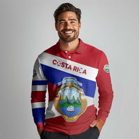 Costa Rica Flag Long Sleeve Polo Shirt Red White Blue with National Coat of Arms and Shield Design - Wonder Print Shop