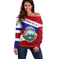 Costa Rica Flag Off Shoulder Sweater Red White Blue with National Coat of Arms and Shield Design - Wonder Print Shop