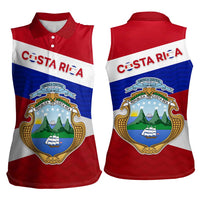 Costa Rica Flag Women Sleeveless Polo Shirt Red White Blue with National Coat of Arms and Shield Design - Wonder Print Shop