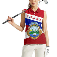 Costa Rica Flag Women Sleeveless Polo Shirt Red White Blue with National Coat of Arms and Shield Design - Wonder Print Shop