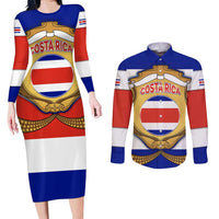 Costa Rica Flag Map Couples Matching Long Sleeve Bodycon Dress and Long Sleeve Button Shirt Red White Blue with National Colors and Gold Crest Design - Wonder Print Shop
