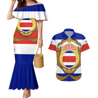 Costa Rica Flag Map Couples Matching Mermaid Dress and Hawaiian Shirt Red White Blue with National Colors and Gold Crest Design - Wonder Print Shop