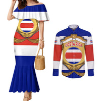Costa Rica Flag Map Couples Matching Mermaid Dress and Long Sleeve Button Shirt Red White Blue with National Colors and Gold Crest Design - Wonder Print Shop