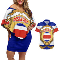 Costa Rica Flag Map Couples Matching Off Shoulder Short Dress and Hawaiian Shirt Red White Blue with National Colors and Gold Crest Design - Wonder Print Shop