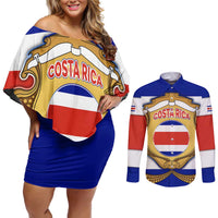 Costa Rica Flag Map Couples Matching Off Shoulder Short Dress and Long Sleeve Button Shirt Red White Blue with National Colors and Gold Crest Design - Wonder Print Shop