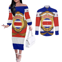 Costa Rica Flag Map Couples Matching Off The Shoulder Long Sleeve Dress and Long Sleeve Button Shirt Red White Blue with National Colors and Gold Crest Design - Wonder Print Shop
