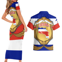 Costa Rica Flag Map Couples Matching Short Sleeve Bodycon Dress and Hawaiian Shirt Red White Blue with National Colors and Gold Crest Design - Wonder Print Shop