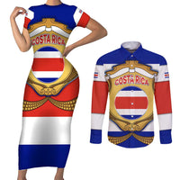 Costa Rica Flag Map Couples Matching Short Sleeve Bodycon Dress and Long Sleeve Button Shirt Red White Blue with National Colors and Gold Crest Design - Wonder Print Shop