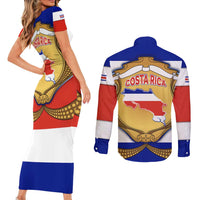 Costa Rica Flag Map Couples Matching Short Sleeve Bodycon Dress and Long Sleeve Button Shirt Red White Blue with National Colors and Gold Crest Design - Wonder Print Shop
