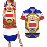 Costa Rica Flag Map Couples Matching Summer Maxi Dress and Hawaiian Shirt Red White Blue with National Colors and Gold Crest Design - Wonder Print Shop