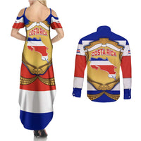 Costa Rica Flag Map Couples Matching Summer Maxi Dress and Long Sleeve Button Shirt Red White Blue with National Colors and Gold Crest Design - Wonder Print Shop